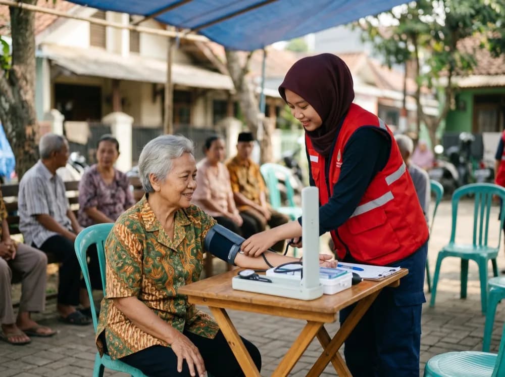 Petugas kesehatan PMI memeriksa tekanan darah seorang lansia dalam layanan kesehatan masyarakat.