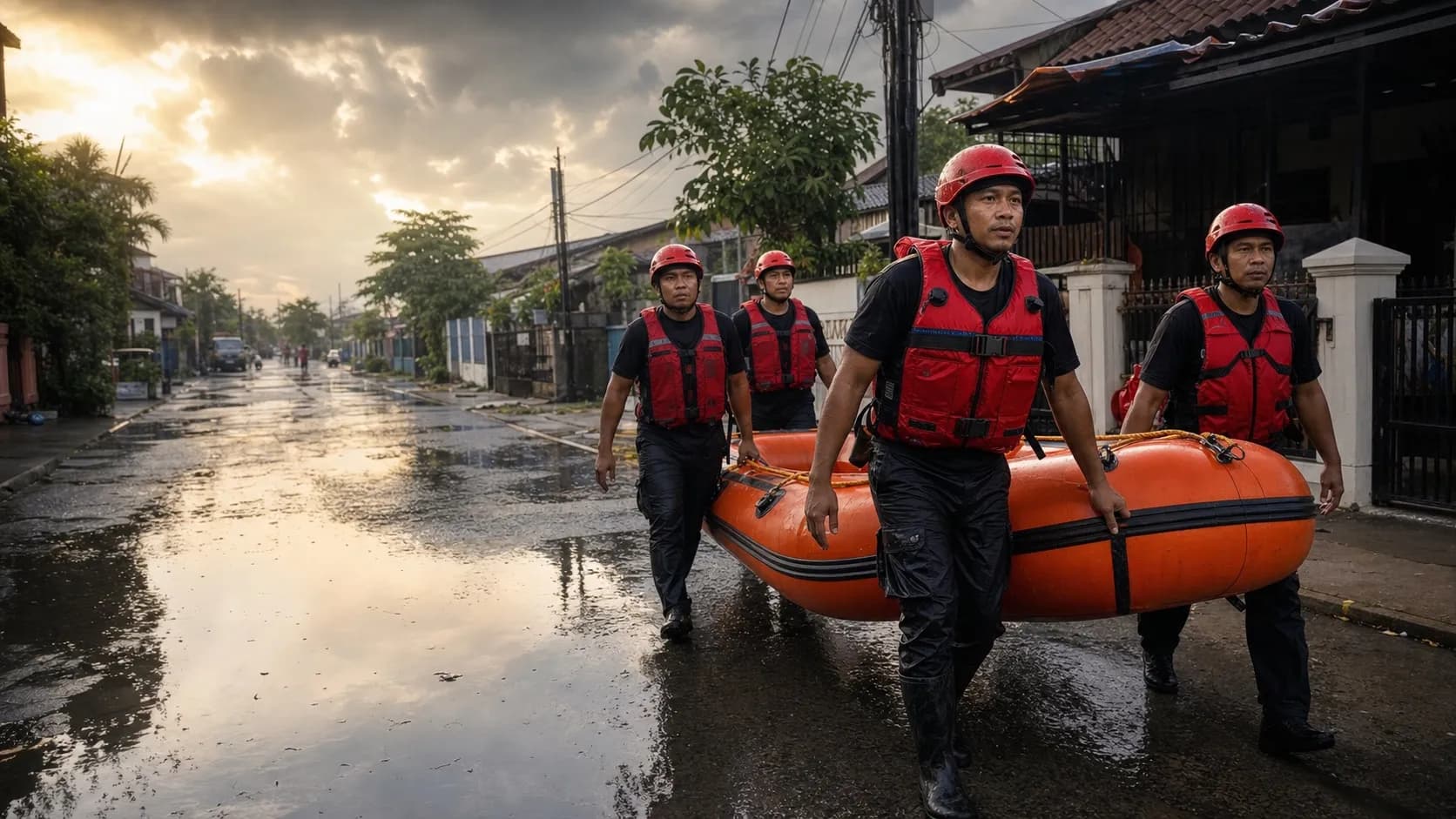 Relawan PMI mengevakuasi warga dengan perahu karet di permukiman Jakarta yang terendam banjir.