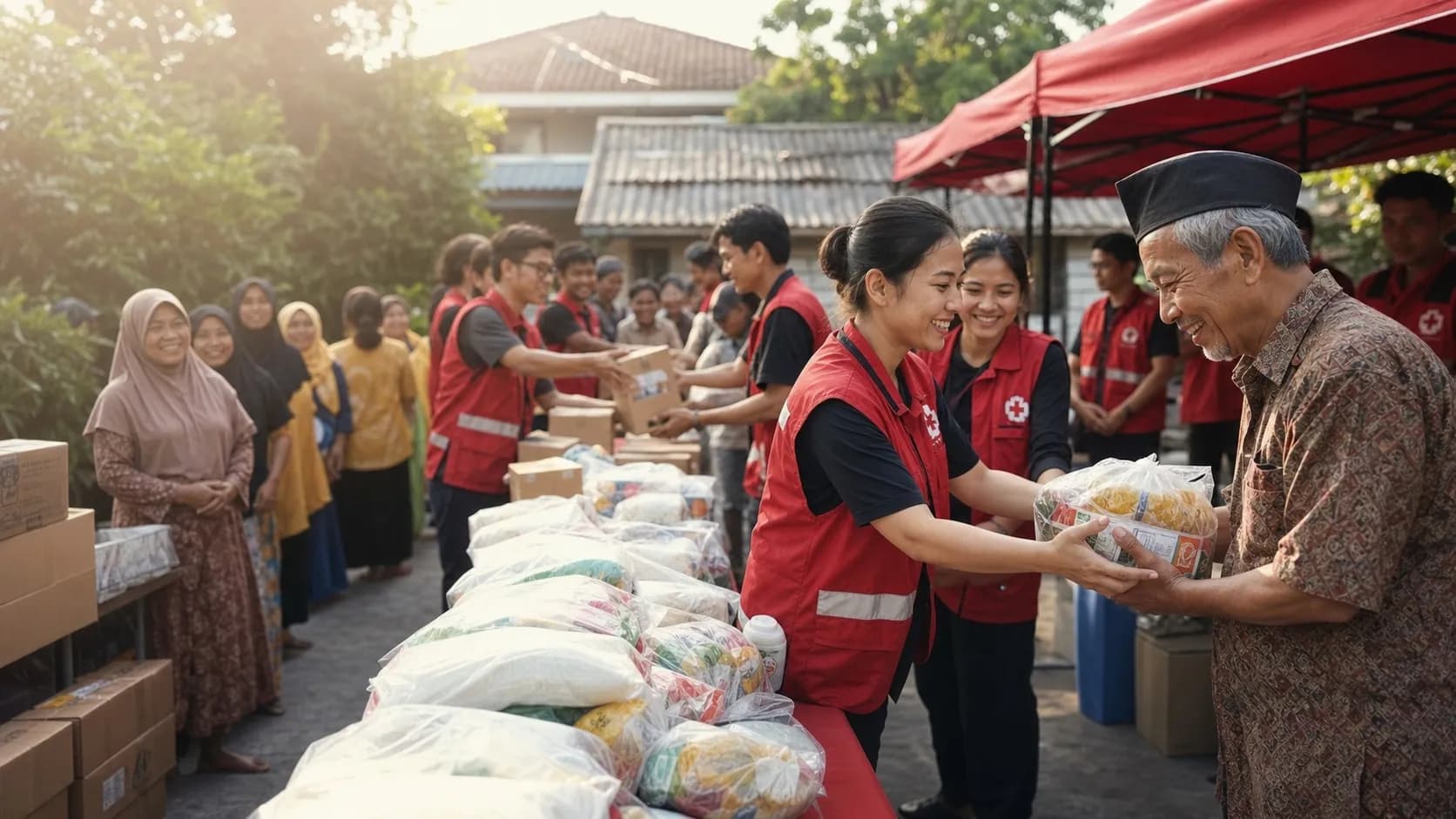 Relawan PMI membagikan paket bantuan pangan kepada warga di sebuah titik distribusi.