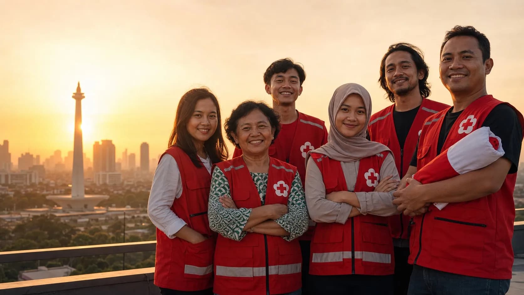 Potret relawan dan staf PMI DKI Jakarta dengan latar Monas dan cakrawala kota Jakarta saat senja.