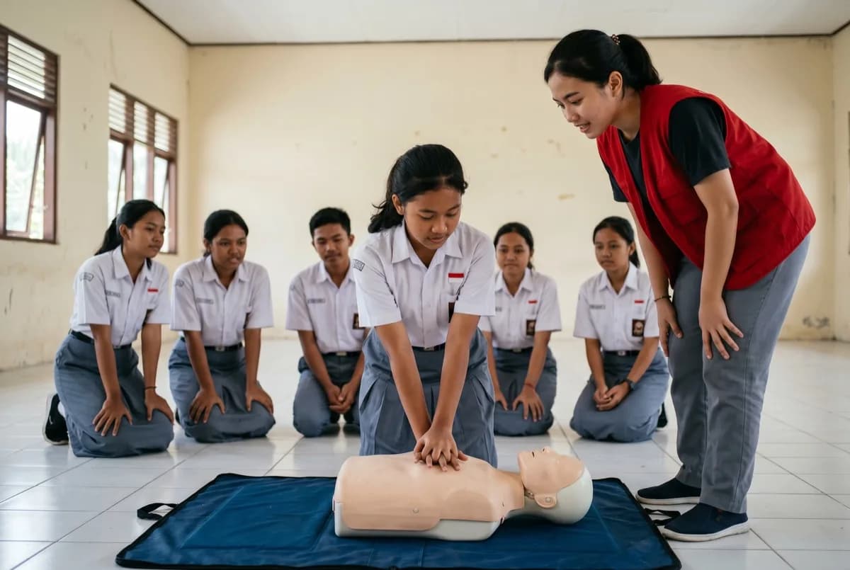 Anggota Palang Merah Remaja berlatih resusitasi jantung paru pada manekin didampingi pelatih.