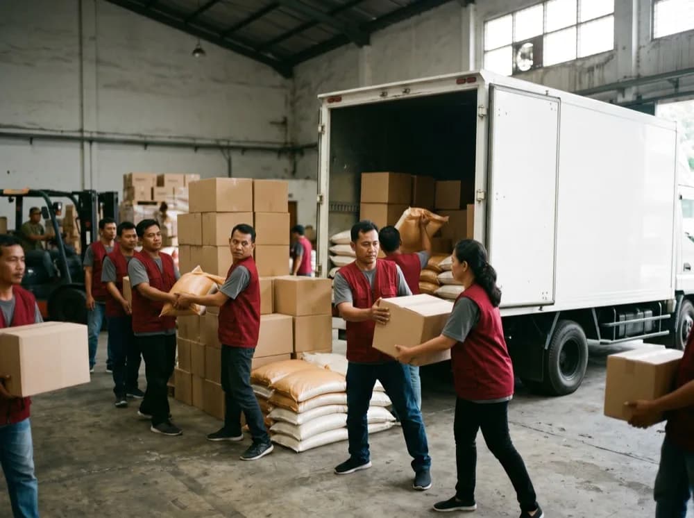 Relawan PMI menyortir dan memuat bantuan logistik ke dalam truk di gudang.
