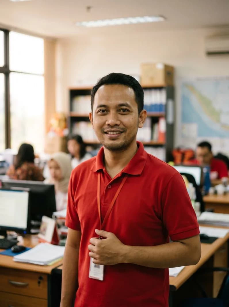 Potret seorang relawan profesional PMI dengan ekspresi ramah dan percaya diri.