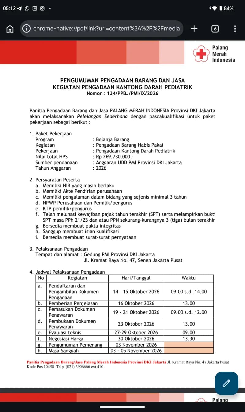 Pengumuman Lelang Kantong Darah Pediatrik