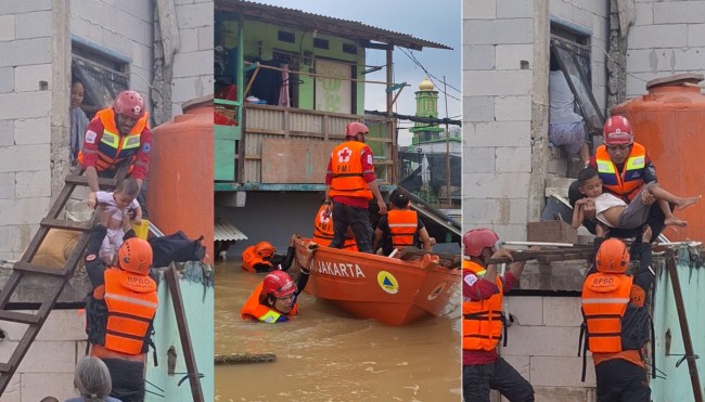 Ciliwung Meluap : Aksi Heroik PMI Jaksel Bersama Petugas Gabungan Berhasil Evakuasi Warga Dan Balita